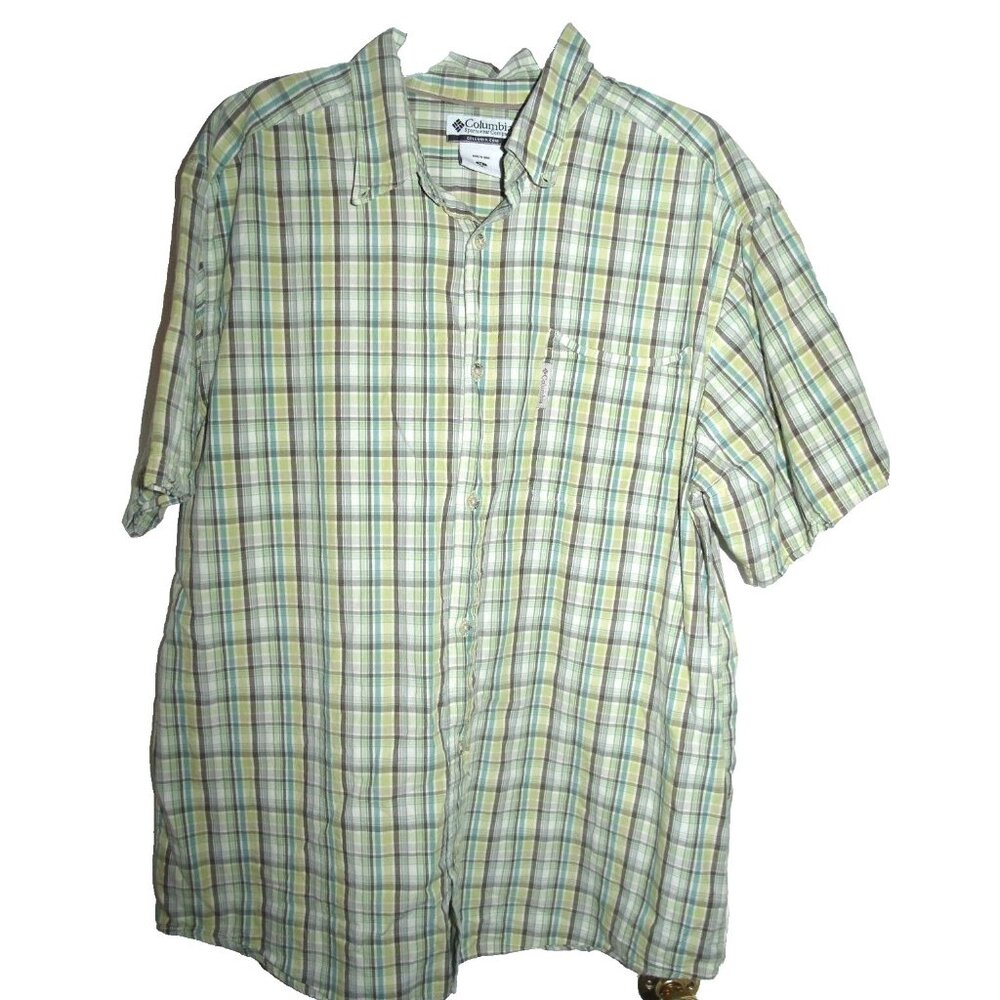 Columbia Mens XL Plaid Button Front Short Sleeve Shirt Green Brown Aqua Pocket
